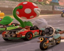 a cartoon character is riding a motorcycle next to a car with a plant on it .