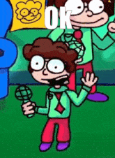 a cartoon of a boy holding a microphone with the word ok on it .