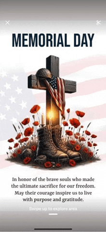 a memorial day poster with a cross and soldier boots