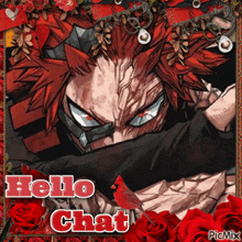 a picture of a red haired anime character with the words hello chat on the bottom