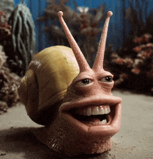 a snail with a big smile on its face looks like a person