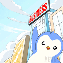 a penguin is standing in front of a business sign
