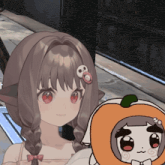 a girl with a pumpkin on her head and a skull pin in her hair
