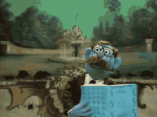 a blue puppet with glasses and a mustache is holding a blue book