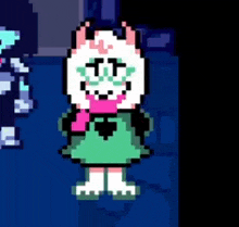 a pixel art drawing of a cat wearing glasses and a green dress .