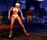 a woman in a bikini is dancing in a video game with a man standing behind her .