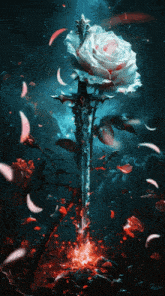 a sword with a white rose on it