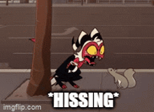 a cartoon character is standing next to a squirrel and the word hissing is on the bottom