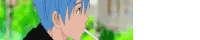 a man with blue hair is drinking from a straw in a park .