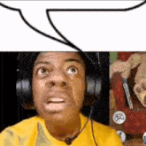 a man wearing headphones and a yellow shirt is making a face .