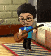 a cartoon character is holding a guitar in a room