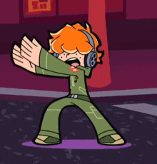 a cartoon character is wearing headphones and making a dab .