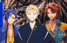 three anime characters are standing in front of a firework display