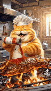 a cat in a chef 's hat is pouring red pepper on a piece of meat on a grill