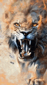 a painting of a lion with its mouth open and teeth showing