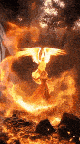 a woman in a red dress is surrounded by flames and a bird with wings .