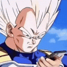 a cartoon character with white hair is holding a cell phone .