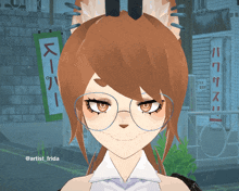 a girl wearing glasses is standing in front of a green sign that says super