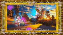 a framed picture of a baby krishna and a woman