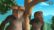 a couple of monkeys standing next to a tree with a bubble in the background that says ' jungle ' on it