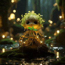 a doll with a plant on its head is surrounded by roots and lights
