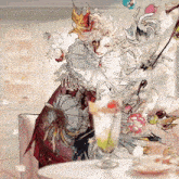 a drawing of a clown holding a spoon in front of a cup of coffee