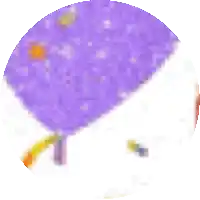 a purple hot air balloon with a rainbow ribbon hanging from it