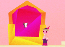 a cartoon character is standing in front of a pink and yellow building with a cat in the background