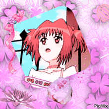 a picture of a girl with pink hair surrounded by pink flowers