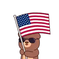 a teddy bear wearing sunglasses is holding a flag