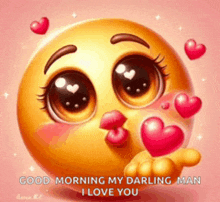 a smiley face is blowing kisses with hearts coming out of its mouth .
