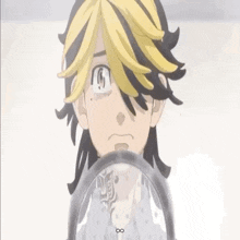 a cartoon character is crying and looking at himself in a mirror .