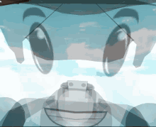 a drawing of a person 's face with a blue sky behind it