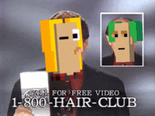 a man holding a sign that says call for free video 1-800-hair club