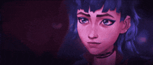 a cartoon character with blue hair and a choker