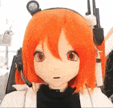 a doll with orange hair is wearing headphones and a flashlight on her head