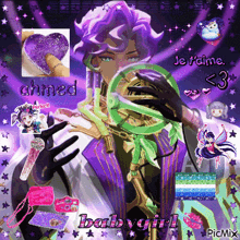 a picture of a man with purple hair and the words je t'aime < 3 on top