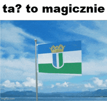 a blue white and green flag with a crown on it is flying in the wind