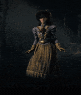 a woman wearing a cowboy hat and fringed skirt stands in a dark forest