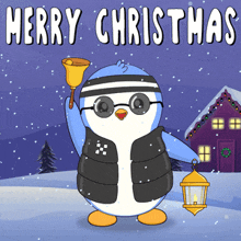 a penguin is holding a bell and a lantern and the words merry christmas are above him