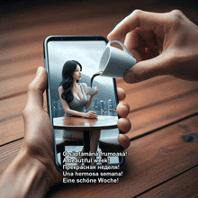 a phone with a picture of a woman sitting at a table pouring coffee into it