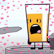 a cartoon drawing of a glass of orange juice with a face