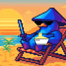 a pixel art drawing of a blue squid eating noodles on the beach