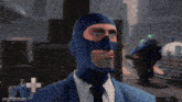 a man in a suit and tie is wearing a blue mask and smoking a cigar