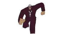 a pixel art of a man in a suit and tie with his fist in the air .