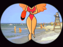 a cartoon of a woman in a red swimsuit walking on a beach