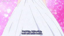 a girl in a white dress says parabéns reina-chan