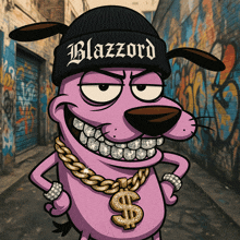 a cartoon dog wearing a black beanie that says blazzard on it