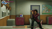 a man in a red jacket is playing a video game with the words guys in trouble on the bottom right