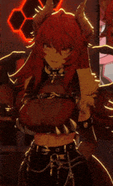 a woman with red hair and horns is standing in front of a sign that says " own as well now "